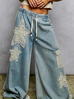 "Bella Star" POL Lt Blue Denim-Look French Terry Wide Leg Star Jeans Pants